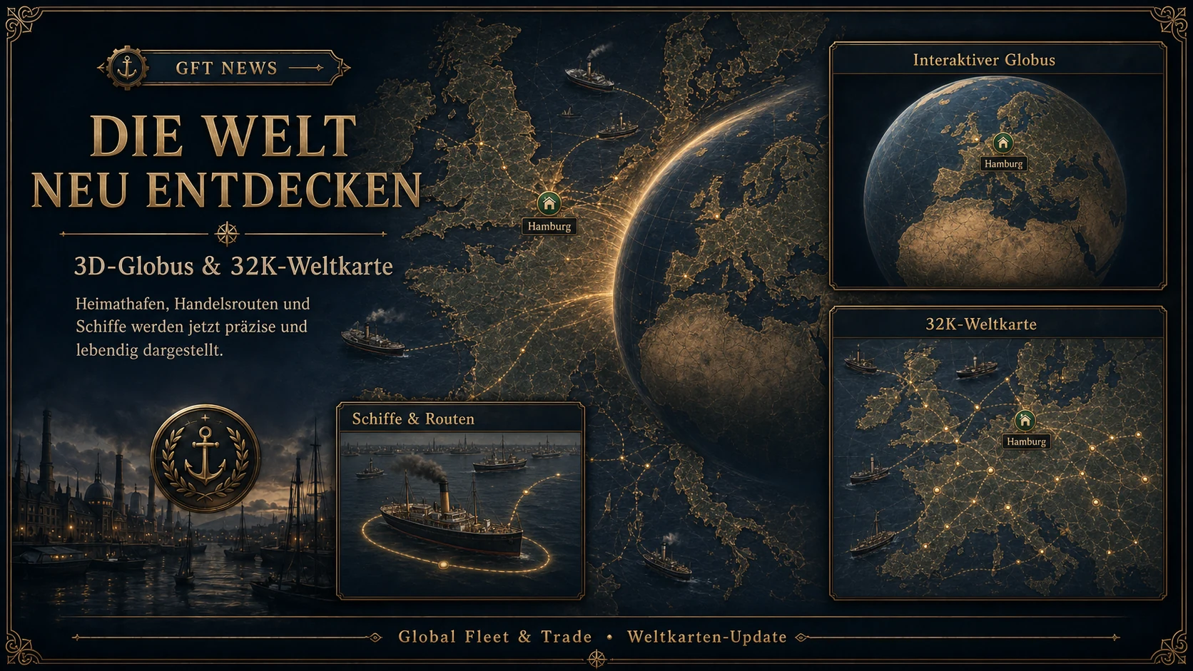 Historical GFT news artwork featuring the 3D globe, 32K world map, Hamburg and ship routes